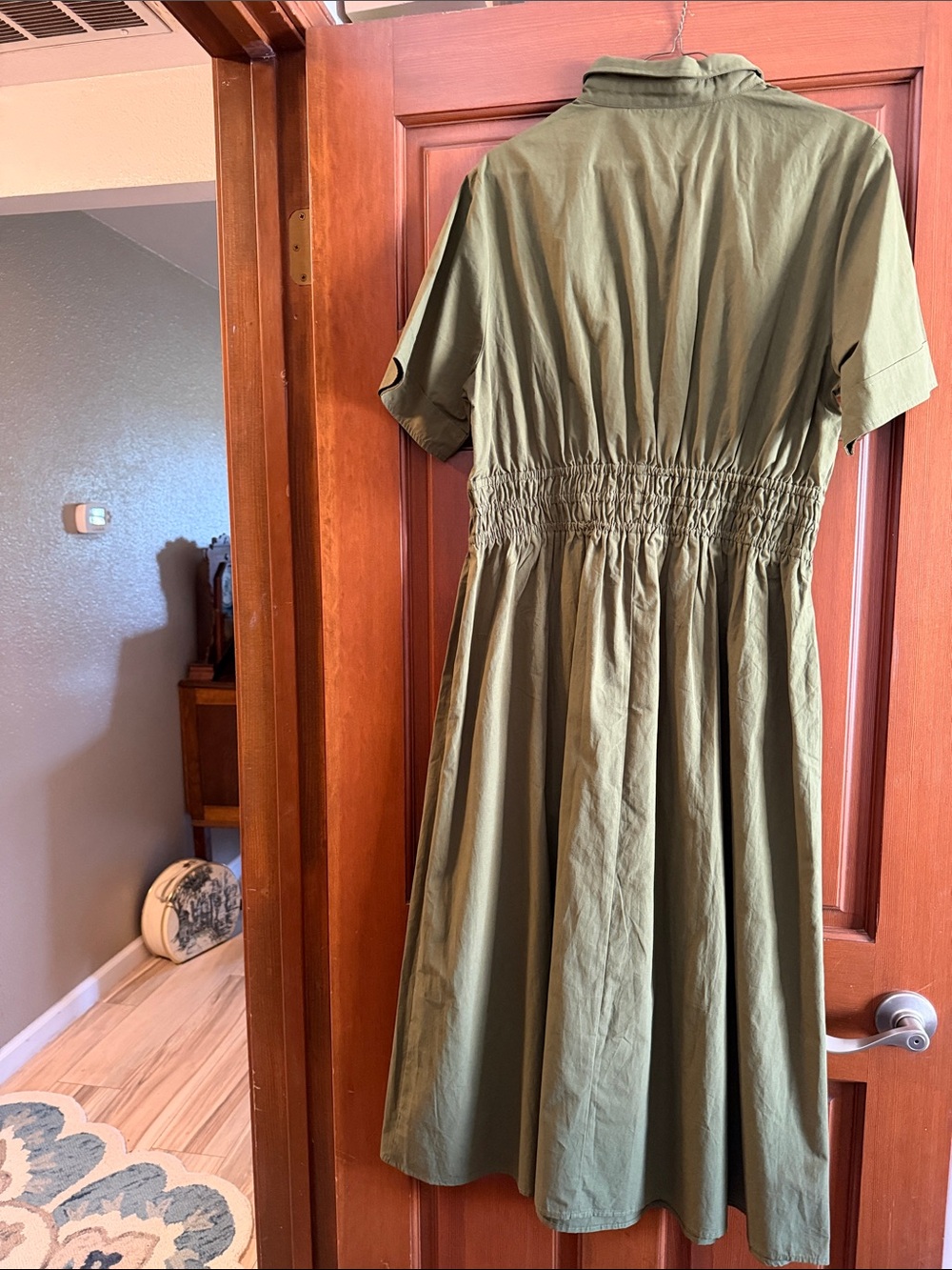 Olive Green Shirt Dress with Drawstring Waist Size L missing button New - Picture 2 of 6